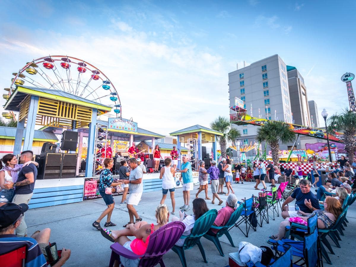 Carolina Beach Boardwalk with live music and crowds