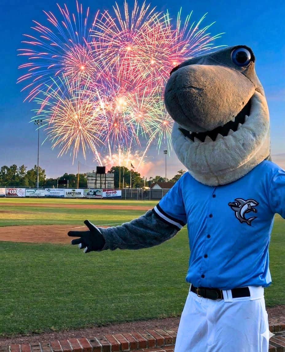 Wilmington Sharks mascot with fireworks over Legion Stadium